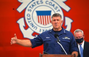 Adm. Karl Schultz, commandant of the U. S. Coast Guard, speaks at a drug offload in San Diego, on Sep. 10. 2020. Coast Guard Photo
